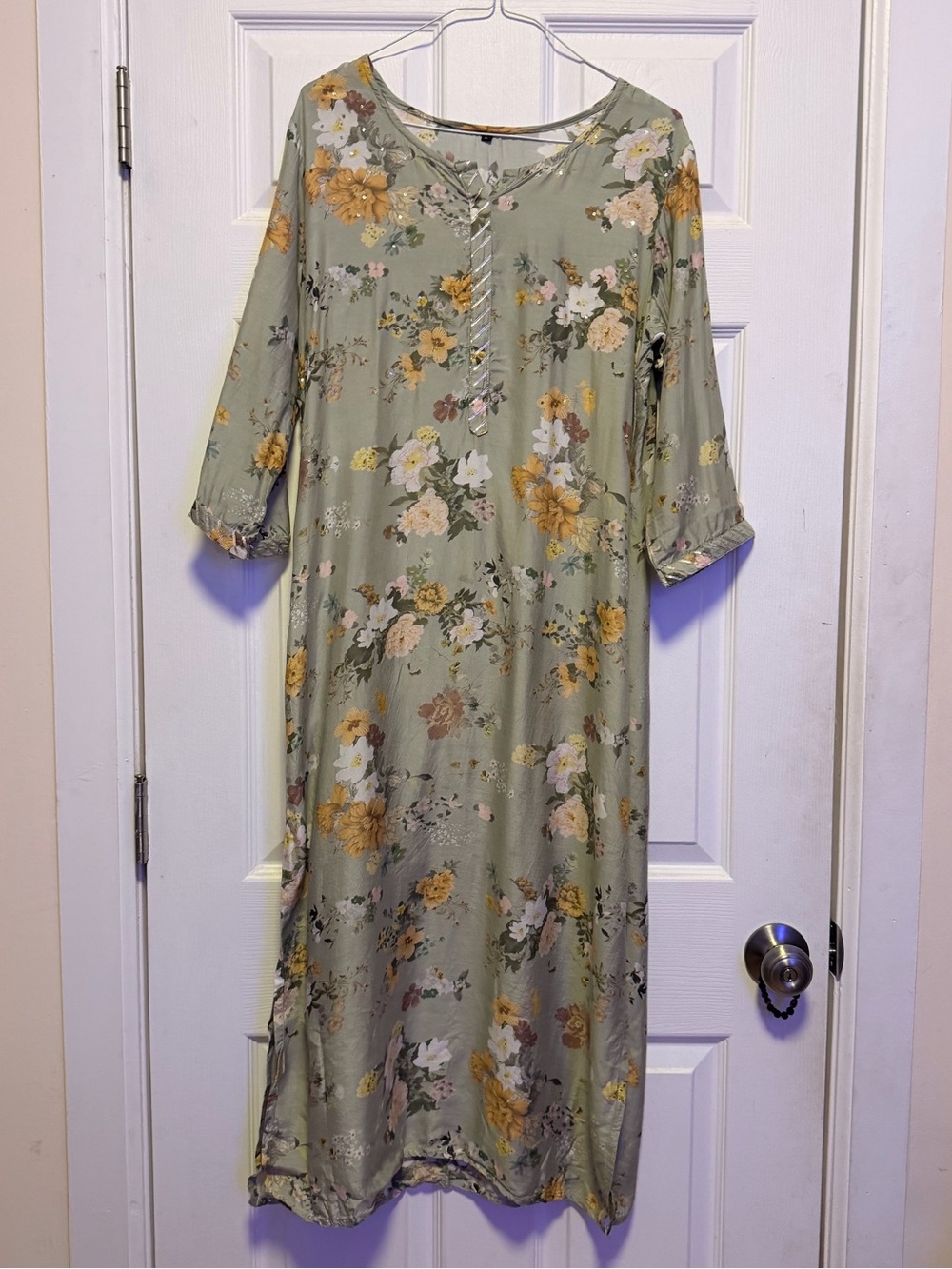Floral Sage Green Midi Dress with Puff Sleeves